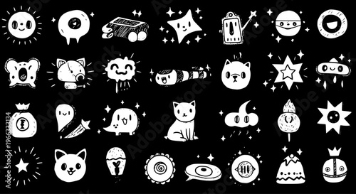 Cute Hand-Drawn Doodle Kawaii Space  Galaxy Vector Icon Collection on Black - Featuring Whimsical Stars, Planets, Aliens, Animals, and Everyday Objects