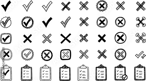 Hand-Drawn Check Marks  Crosses: Doodle Style Tick  X Symbols for Approval, Rejection  More