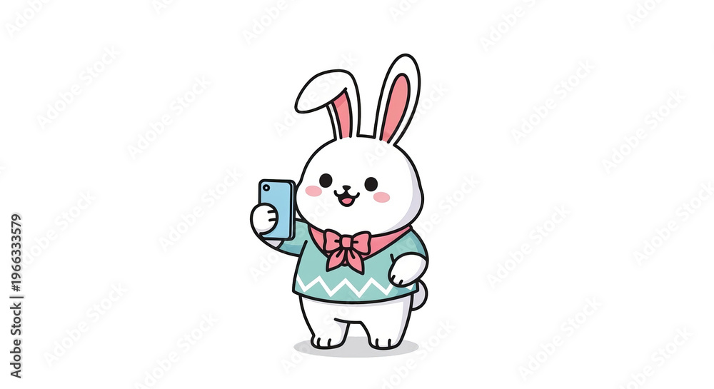 Obraz premium A cute white bunny rabbit wearing a sweater and bow tie takes a selfie with a smartphone.