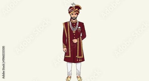 Indian groom in traditional sherwani and turban for wedding ceremony