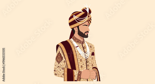 Indian groom in traditional wedding attire, sherwani and turban