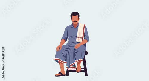 Indian Man Sitting on Stool in Traditional Attire