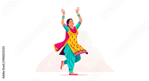 Indian woman dancing in traditional Punjabi suit, illustration