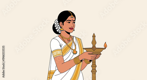 Indian Woman in Traditional Attire Holding a Diya Lamp