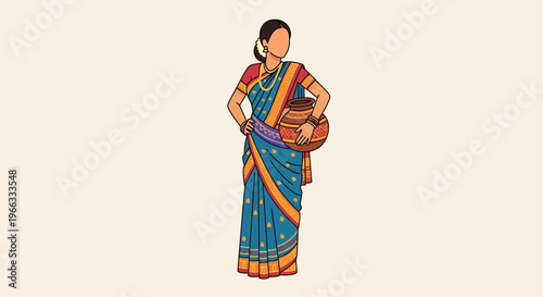 Indian woman in traditional blue saree carrying a clay pot