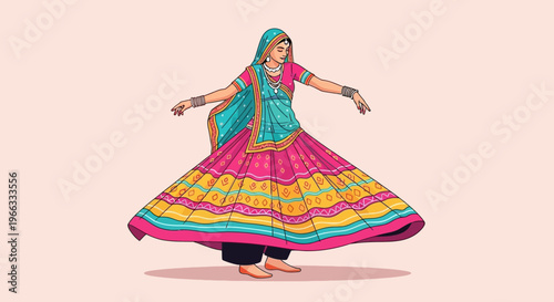 Indian woman in traditional colorful ghagra choli dancing