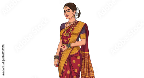 Indian Woman in Traditional Red and Gold Saree, Festive Attire