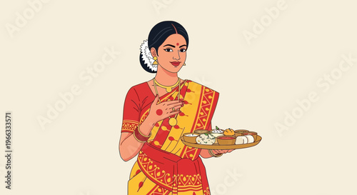 Indian Woman in Traditional Saree Holding Food Tray