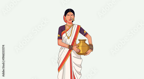 Indian woman in traditional saree carrying water pot, isolated illustration