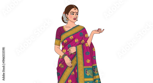 Indian woman in traditional sari, gesturing with hand, isolated on white