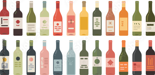 Assorted glass wine bottle vector set featuring various labels and colors for vineyard and winery branding design.