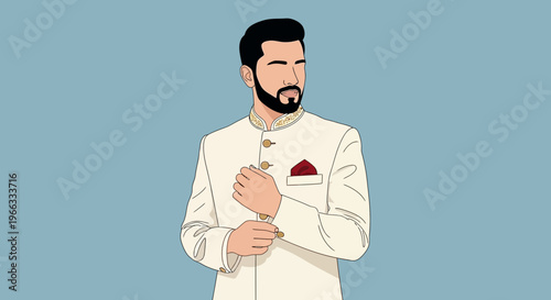 Man in Traditional Indian Sherwani, Adjusting Cuffs, Elegant Style