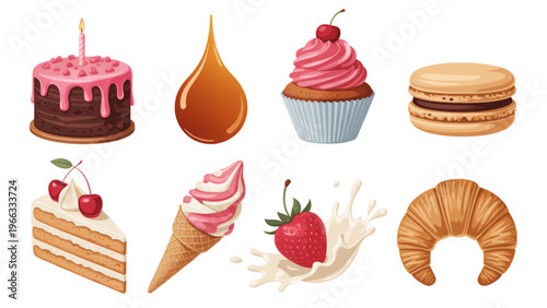 Colorful assortment of stylized desserts and ice cream treats Vector