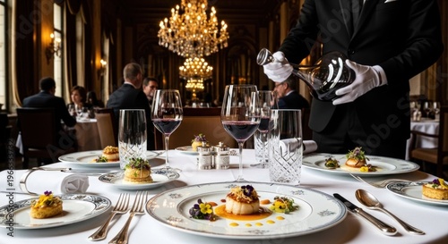 A waiter in a black suit pours wine into a glass at a fancy restaurant.