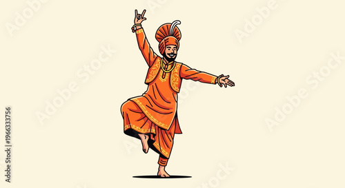Punjabi man performing bhangra dance in traditional attire, dynamic pose