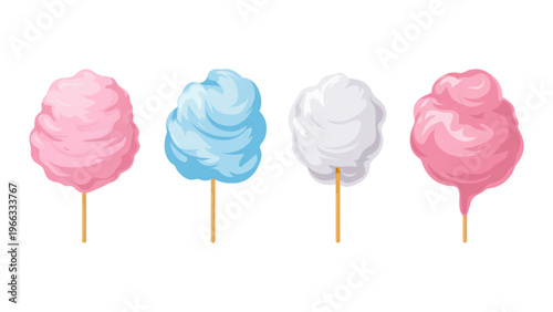 Colorful cotton candy sticks arranged in a row with wooden sticks Vector