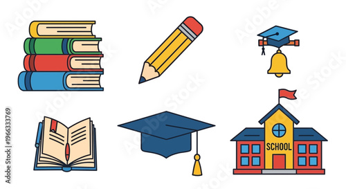 Education Icons: Books, Graduation Cap, Pencil, School Building, Bell
