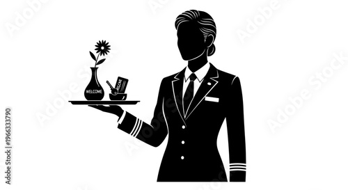 Elegant Flight Attendant Serving Welcome Amenities on Tray