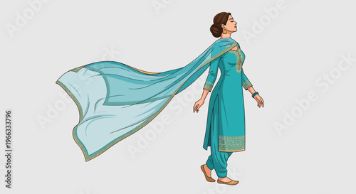 Woman in blue traditional Indian salwar kameez suit with flowing dupatta