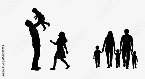 Family Silhouettes: Parents Playing with Children, Walking Together