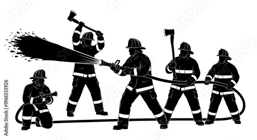 Firefighters Battling Blaze with Water Hose and Axes