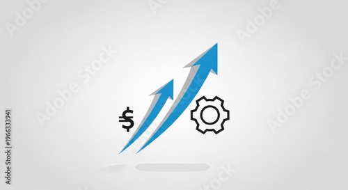 Two blue arrows pointing upwards with a gear icon and a dollar sign icon in the background.