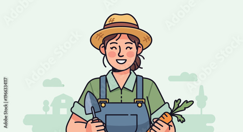 Happy Farmer Woman Holding Carrot and Trowel, Organic Farming Illustration