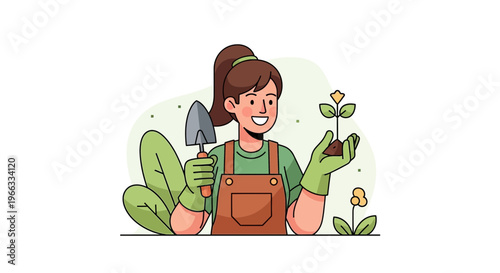 Happy Gardener Woman Holding Seedling with Trowel, Gardening Concept Illustration
