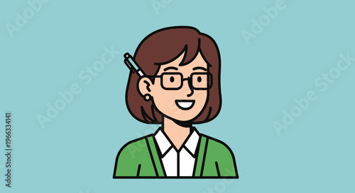 Happy Woman Teacher with Glasses and Pen, Illustration