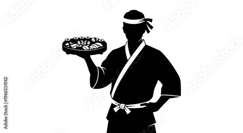 Japanese Sushi Chef Silhouette Holding Plate of Sushi