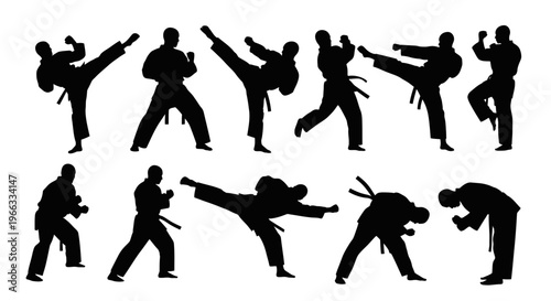 Karate Silhouette Set: Dynamic Martial Arts Poses and Kicks