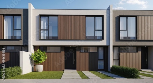 A modern, minimalist townhouse with a white facade and wooden accents, featuring large windows and a green roof.