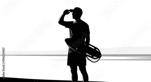 Lifeguard Silhouette Searching Horizon with Rescue Buoy