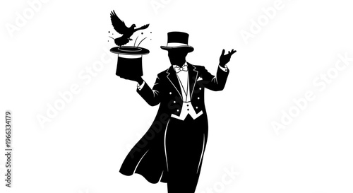 Magician Silhouette Pulling Dove From Top Hat, Illusionist Performing Magic Trick