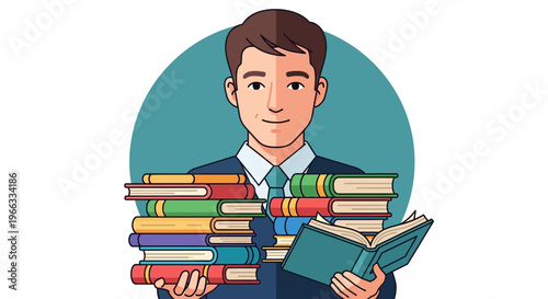 Man Holding Stack of Books, Reading Open Book, Knowledge Concept