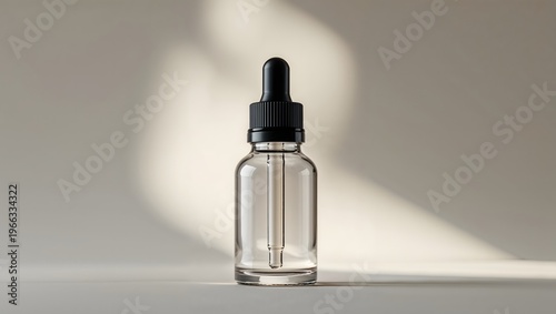Clear Glass Dropper Bottle with Black Cap on a Minimalist Studio Background with Soft Natural Light and Shadows