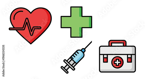 Medical Icons: Heartbeat, Cross, Syringe, First Aid Kit - Healthcare Concept