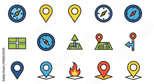 Navigation Icons: Compass, Map, Location Pin, Fire, Direction Sign