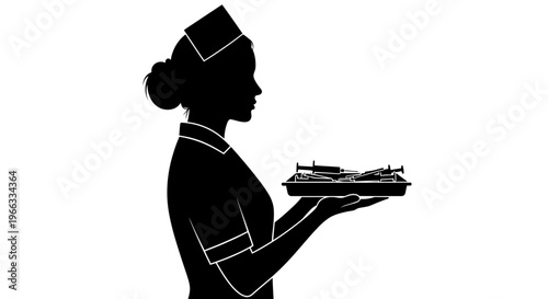 Nurse Silhouette Holding Tray of Syringes for Vaccination or Medical Treatment