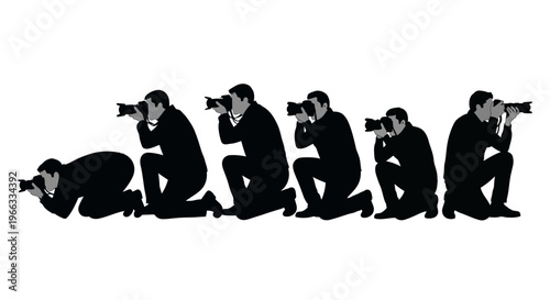 Photographers Silhouettes Kneeling and Crouching with Cameras