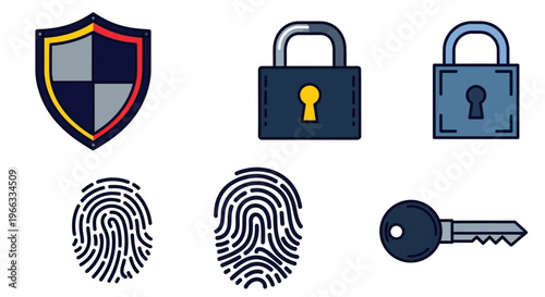 Security Icons: Shield, Locks, Fingerprints, Key - Digital Protection Concept
