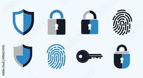 Security Icons: Shield, Lock, Key, Fingerprint - Digital Safety Concept