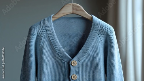 Light blue knitted cardigan with wooden buttons for women