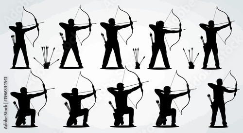 Silhouette Archer Poses with Bow and Arrows, Sport and Competition