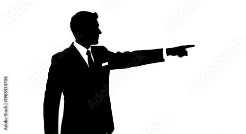 Silhouette of businessman in suit pointing finger to the right, isolated on white