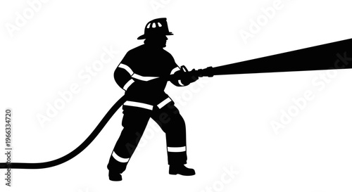 Silhouette of Firefighter Holding Water Hose Spraying Water