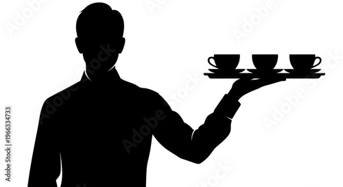 Silhouette of waiter holding tray with three coffee cups