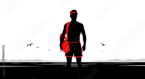 Silhouette of lifeguard standing on beach with red bag, looking out to sea