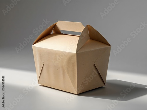 Brown paper takeout food box with handle casting a shadow