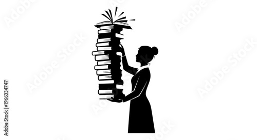 Silhouette of woman reaching for stack of books, education concept